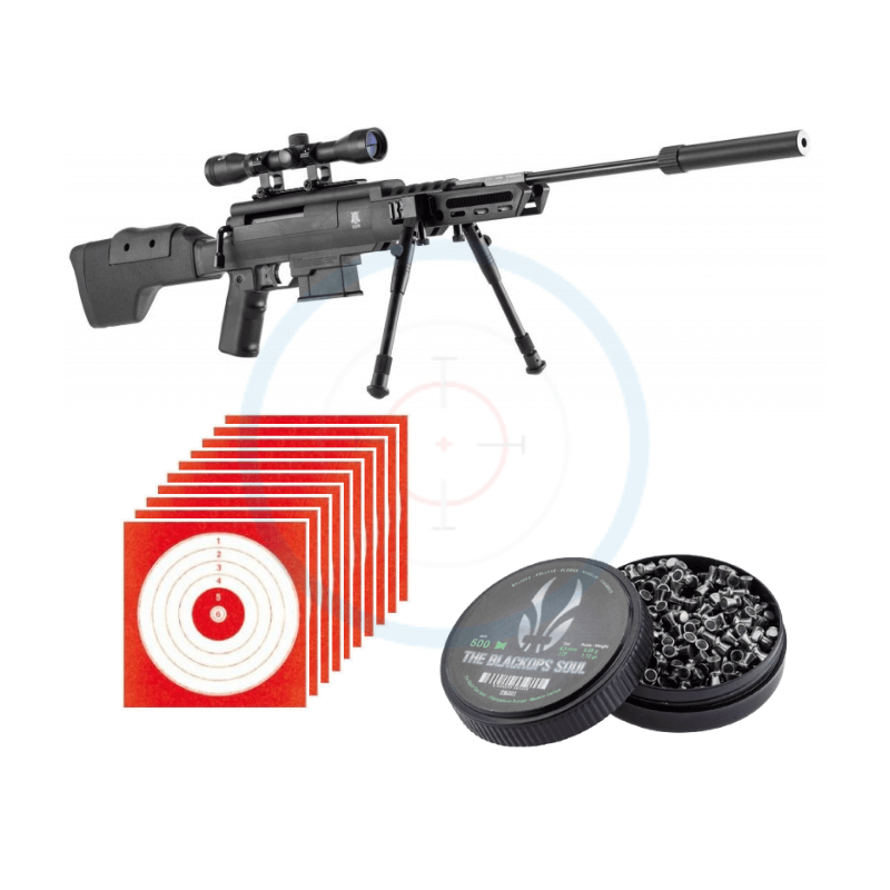 Carabine à plombs Black Ops Sniper Tactical 19.9J 4.5+  10 cibles + 500 plombs plats
