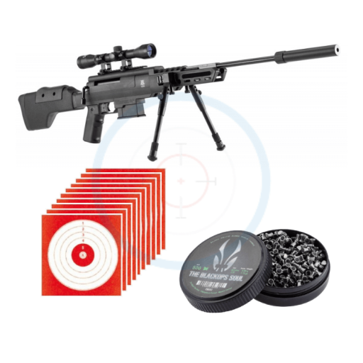 Carabine à plombs Black Ops Sniper Tactical 19.9J 4.5+  10 cibles + 500 plombs plats