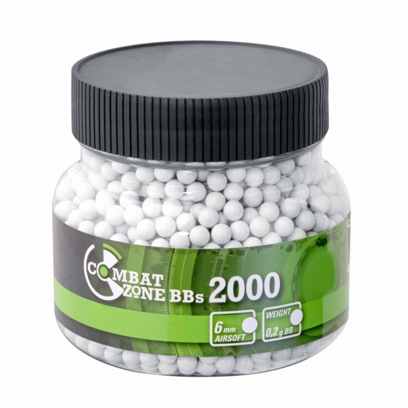 Pot de 2000 billes blanches Combat Zone 0,20g - Calibre 6mm BBs