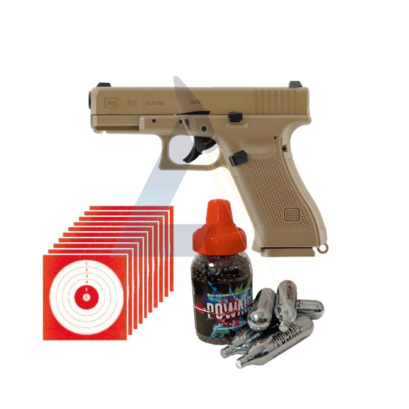 Pack Pistolet Glock 19X Coyote Blowback - calibre 4,5mm BBs