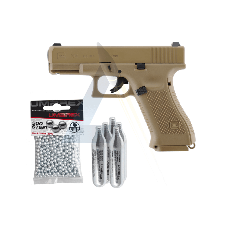 Pack Utile Pistolet Glock 19X Coyote - calibre 4,5mm BBs